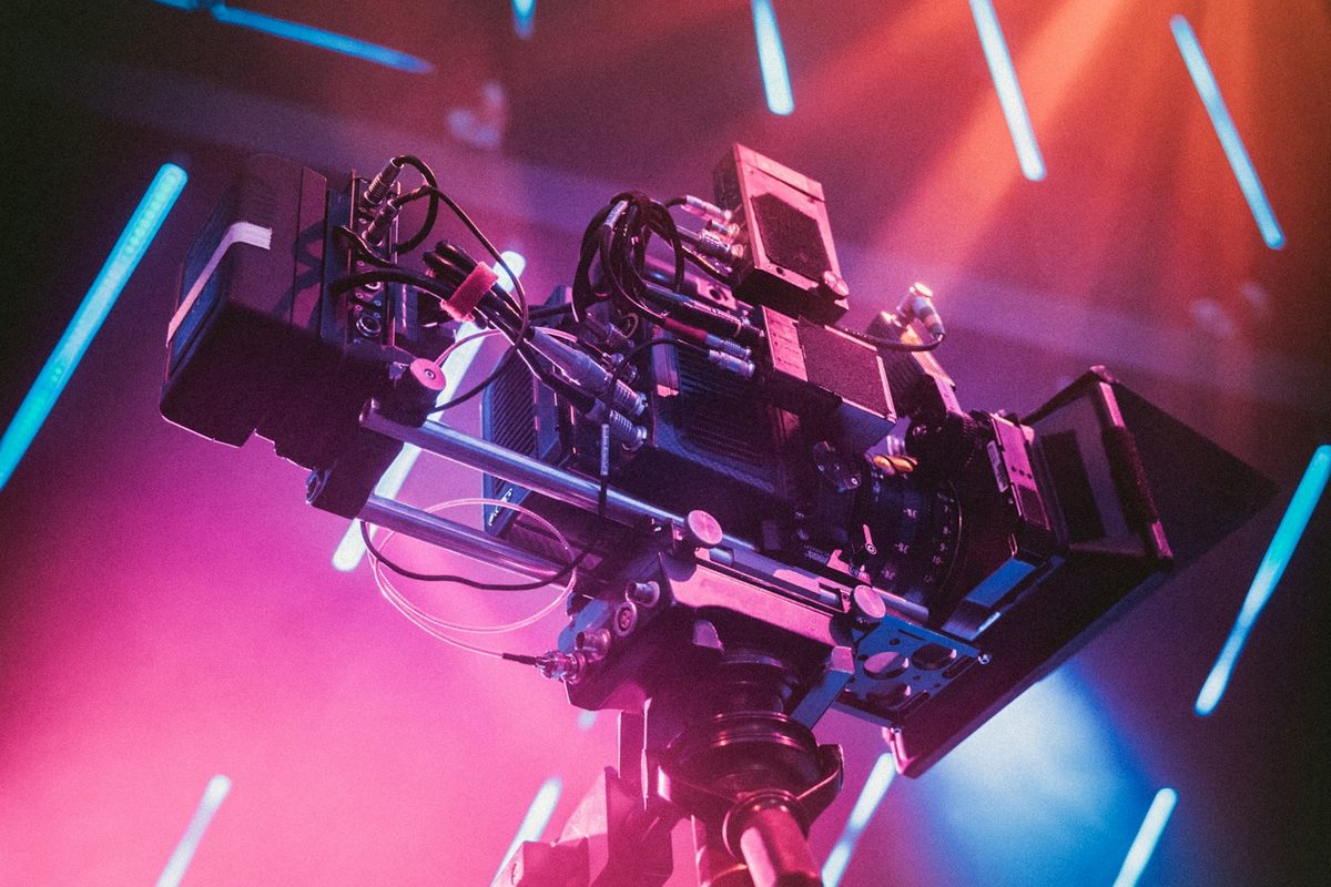 A cinema camera on a tripod, set up for a shoot